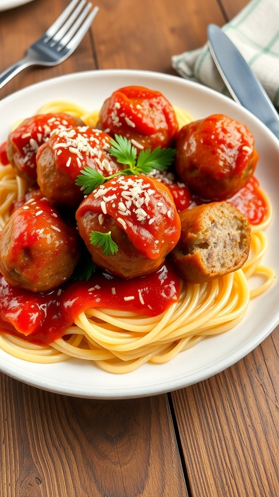 Juicy Italian Meatballs Recipe Juicy Italian meatballs with marinara sauce and spaghetti, garnished with parsley and Parmesan cheese on a wooden table.